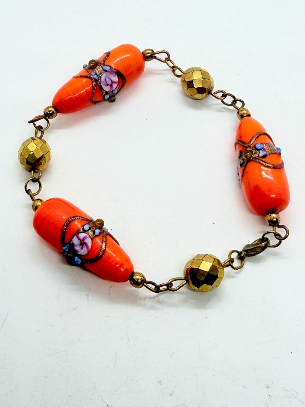 Vintage Venetian Murano Glass Wedding Cake Orange Beaded Bracelet Gold‎ Tone 8”